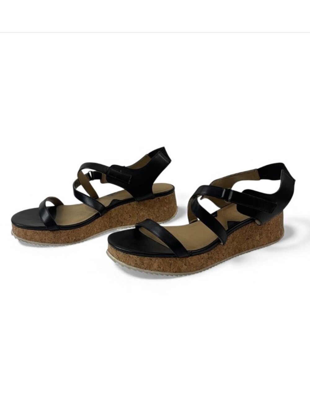 Adrienne Vittadini Black Leather Cork Wedge Sandals With Adjustable Straps Women - Picture 2 of 8
